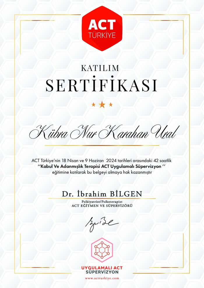 Kabul Ve Adanmışlık Terapisi ACT Uygulamalı Süpervizyon sertifikası