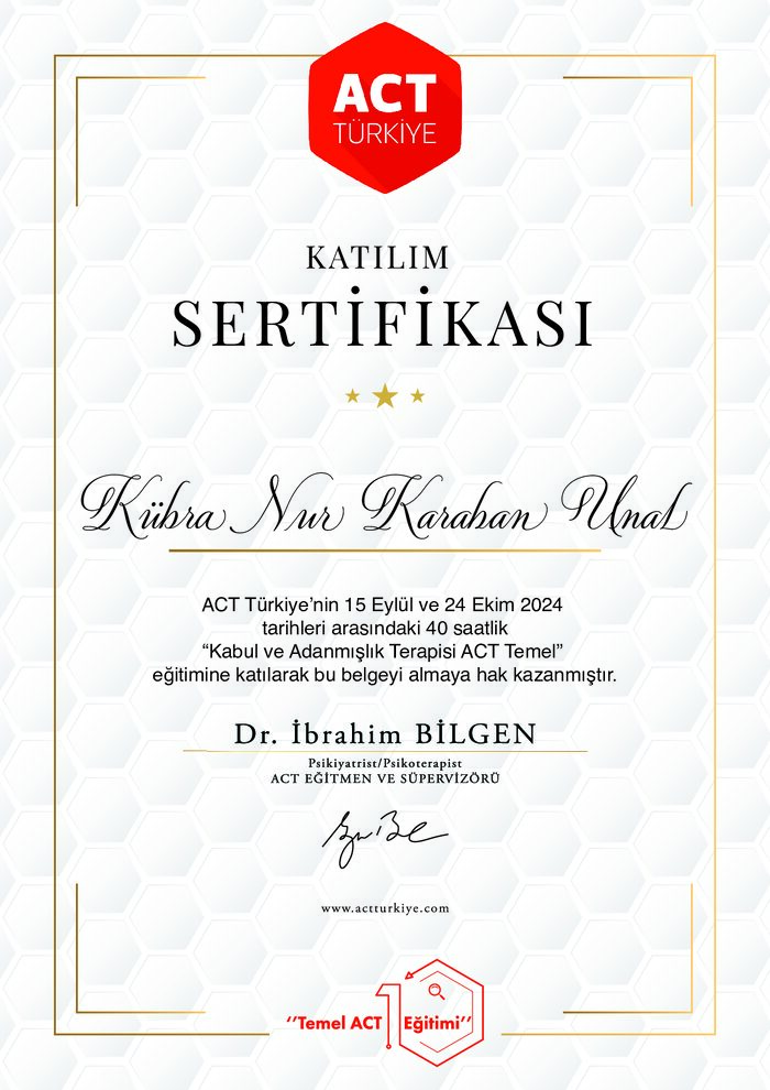 Kabul Ve Adanmışlık Terapisi ACT Temel Seviye sertifikası