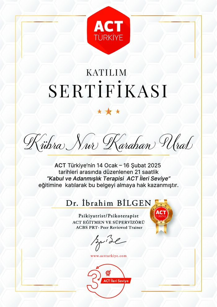Kabul Ve Adanmışlık Terapisi ACT İleri Seviye sertifikası